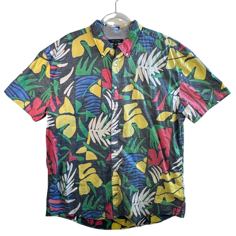 Tommy‎ Hilfiger Mens XXXL Camp Shirt Tropical Leaf Print Cotton SS Button Down